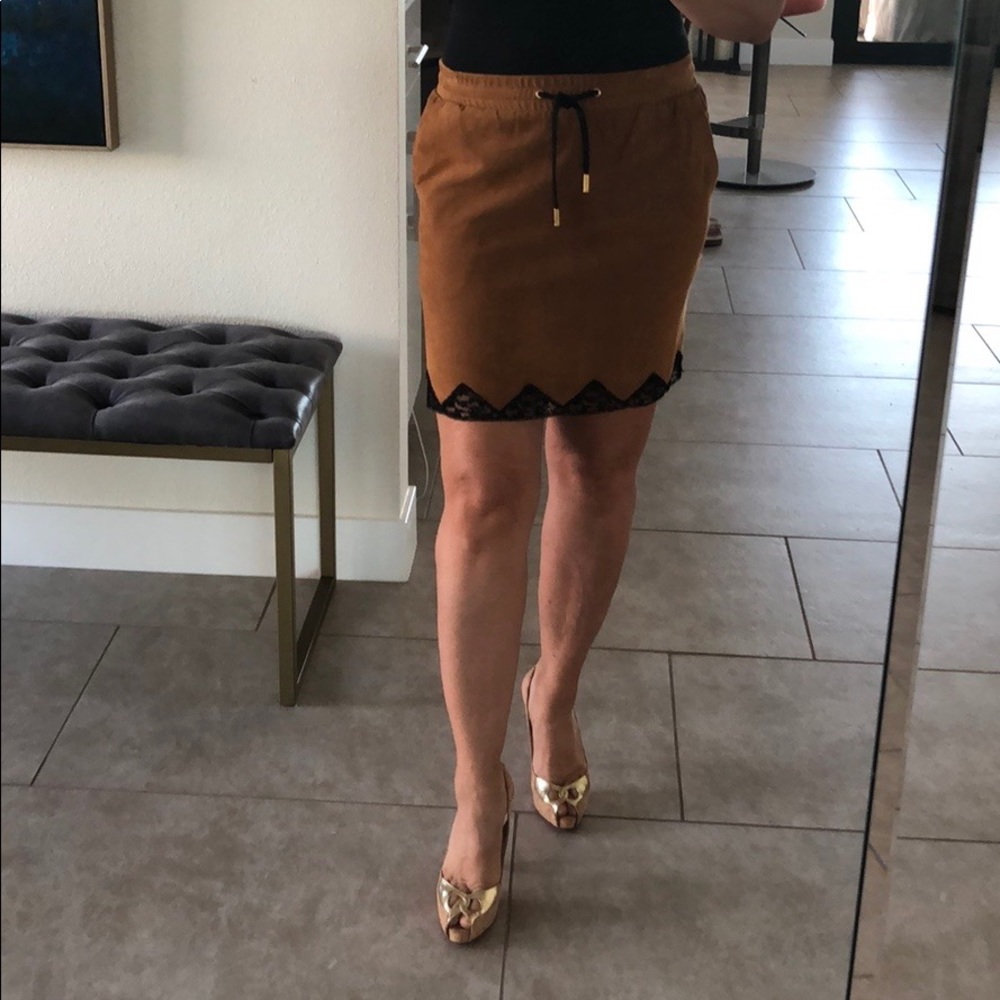 Soft suede made in Italy tan skirt with lace trim